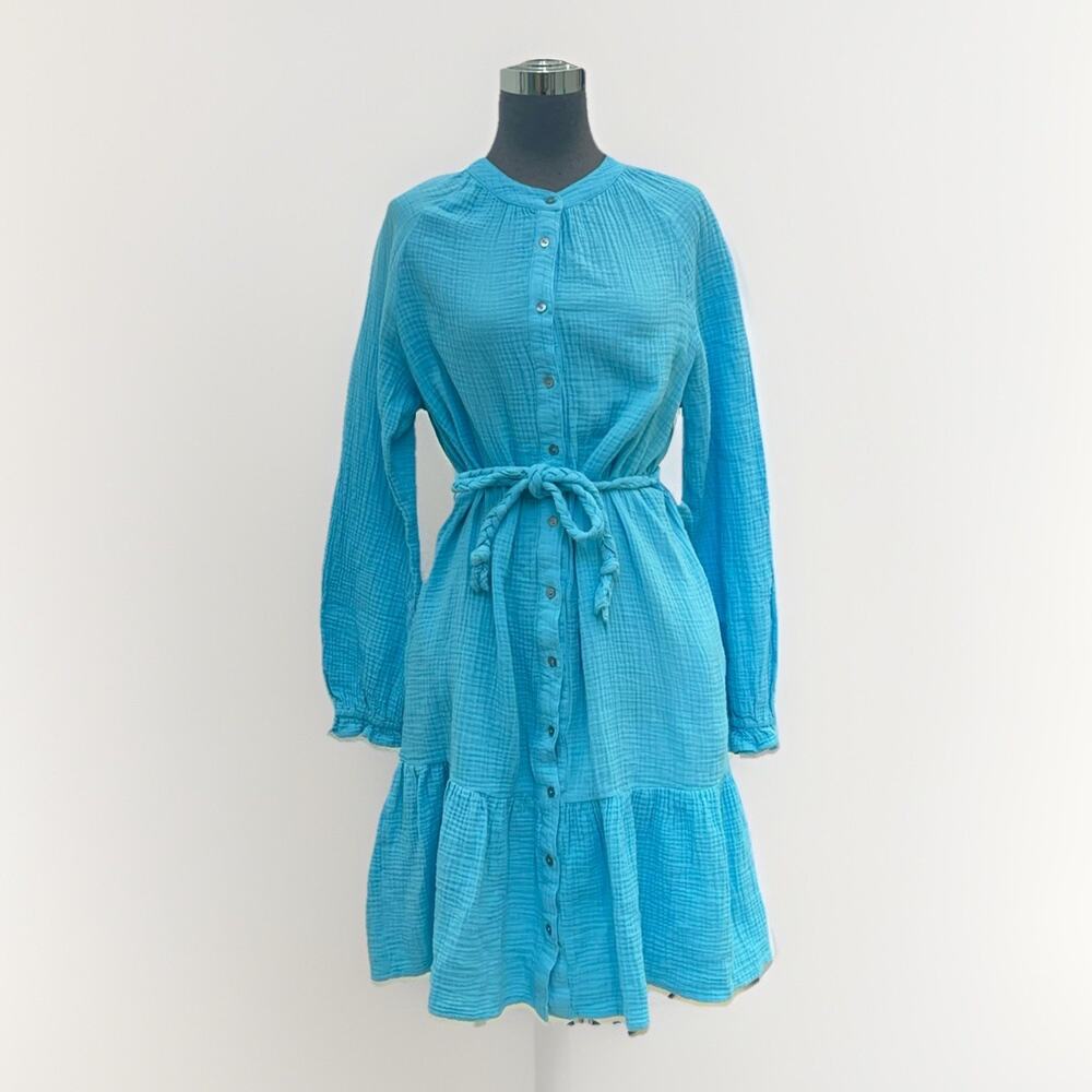 Magaschoni Crepe Gauze Dress Women's M Blue Button Up Long Sleeve Tie Waist